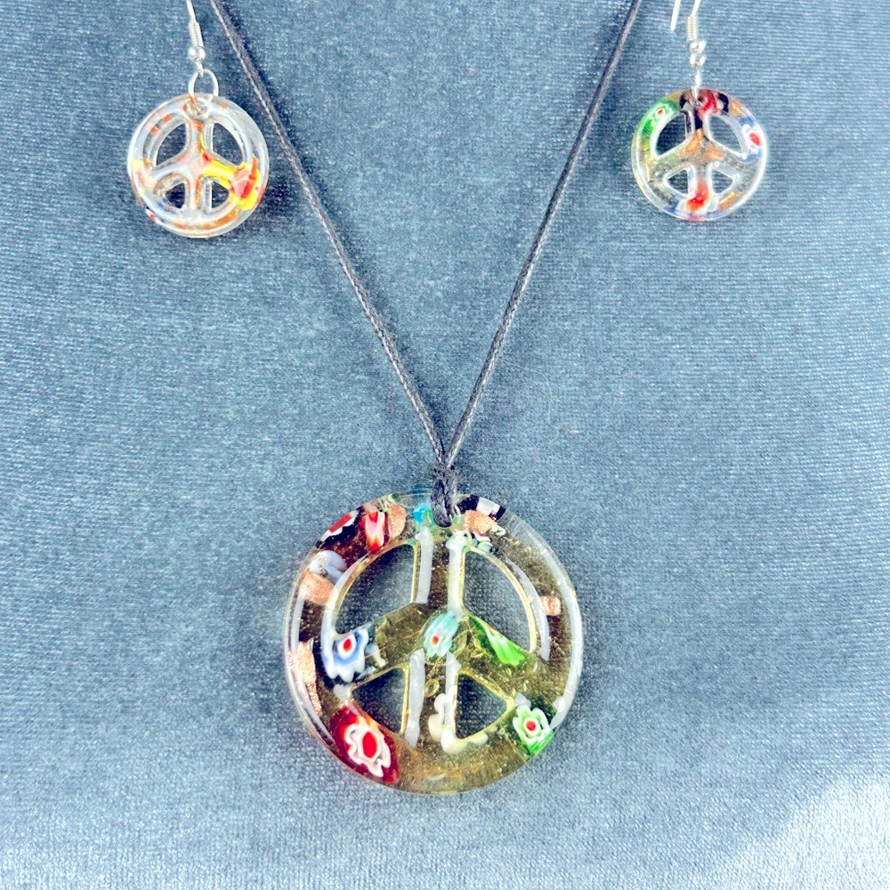 Peace Sign Jewelry Set | Hand Blown Glass | Clear Multicolor | NWOT